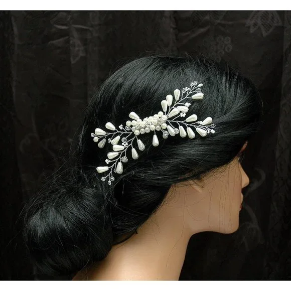 Pearl Bridal Hair Clip Wedding Rhinestone Headpiece - Picture 3 of 5